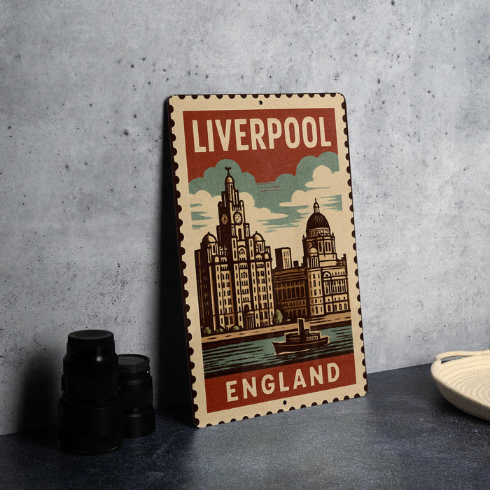 A metal sign with a vintage-style illustration of Liverpool, England, featuring the city's iconic landmarks and architecture.