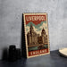 A metal sign with a vintage-style illustration of Liverpool, England, featuring the city's iconic landmarks and architecture.