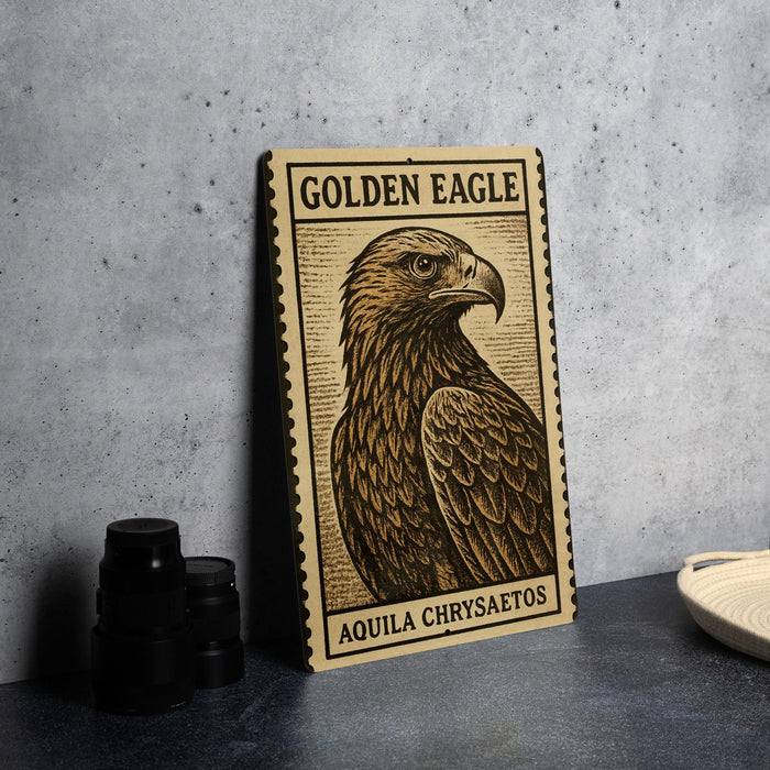 A framed image of a golden eagle, with the text "GOLDEN EAGLE" and "AQUILA CHRYSAEATOS" printed on it, is displayed on a table next to some black camera lenses.