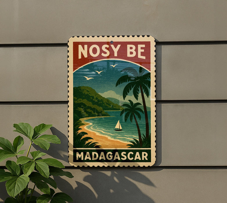 A vintage-style sign with a tropical beach scene and palm trees, featuring a sailboat in the water, mounted on a wall.