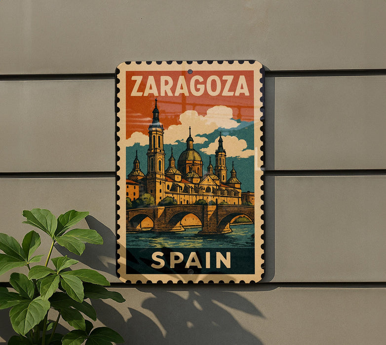 A vintage-style metal sign with the text "ZARAGOZA SPAIN" displayed on it, featuring an illustration of a cityscape with a bridge and domes.