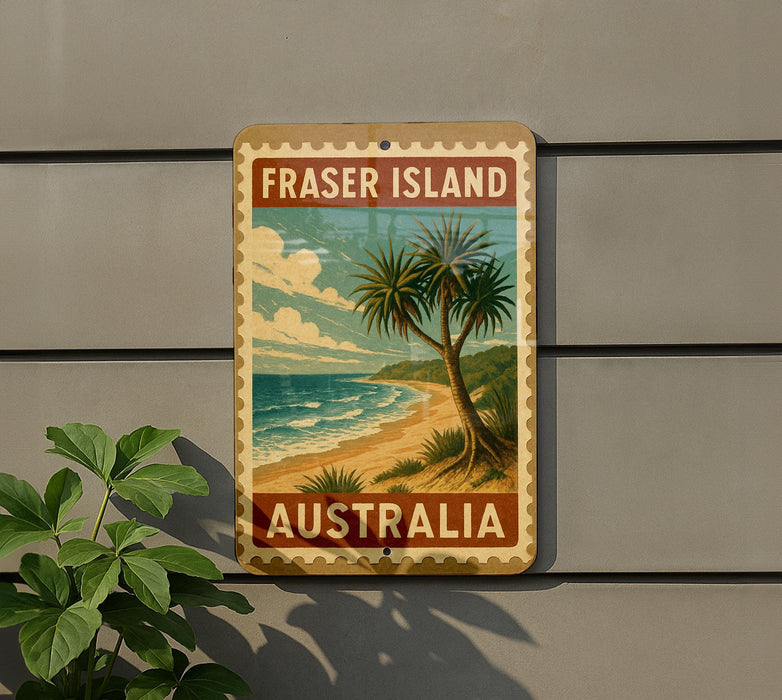 A vintage-style sign for Fraser Island, Australia, featuring a tropical beach scene with palm trees and the ocean.