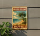 A vintage-style sign for Fraser Island, Australia, featuring a tropical beach scene with palm trees and the ocean.