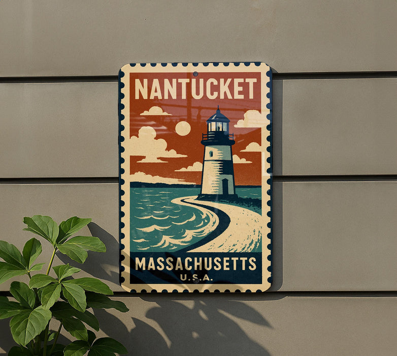 A vintage-style metal sign with a lighthouse and ocean scene, mounted on a wall.
