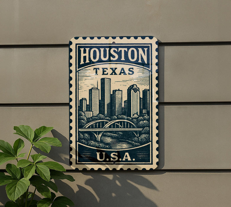 A metal sign with the text "HOUSTON TEXAS U.S.A." and an illustration of a city skyline, mounted on a wall.