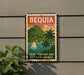 A vintage-style poster of Bequia, Saint Vincent and the Grenadines, featuring a sailboat on a tropical island with palm trees and a sunset in the background.