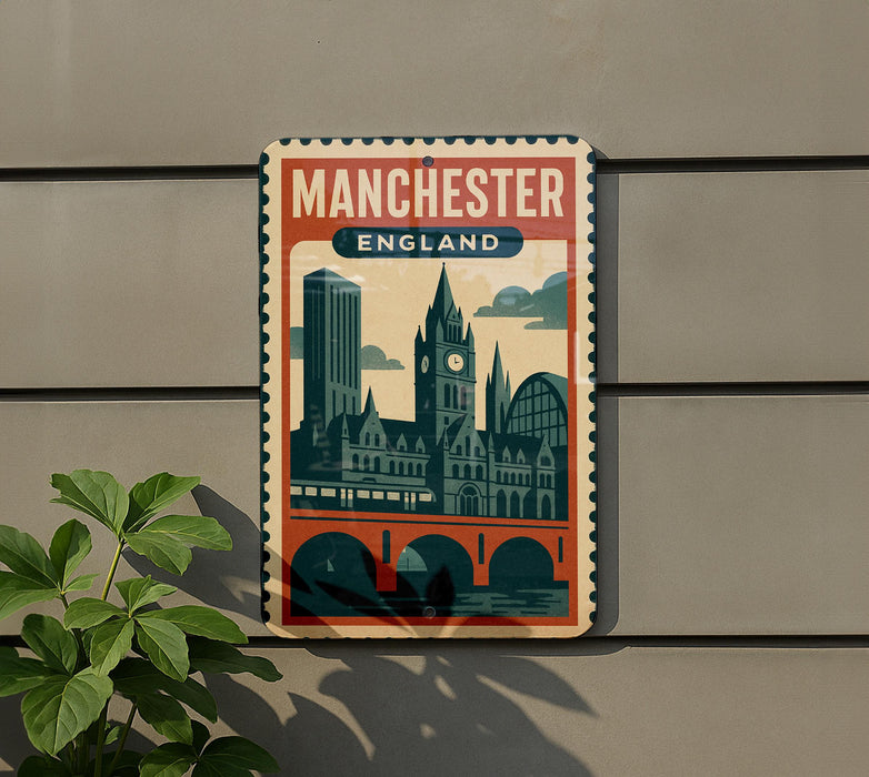 A vintage-style sign depicting the cityscape of Manchester, England, with a clock tower and other architectural elements.