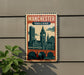 A vintage-style sign depicting the cityscape of Manchester, England, with a clock tower and other architectural elements.