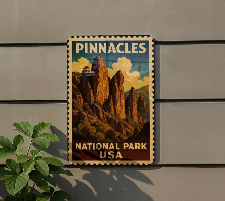 A vintage-style poster of the Pinnacles National Park in the United States, featuring a scenic mountain landscape.
