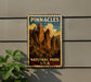 A vintage-style poster of the Pinnacles National Park in the United States, featuring a scenic mountain landscape.