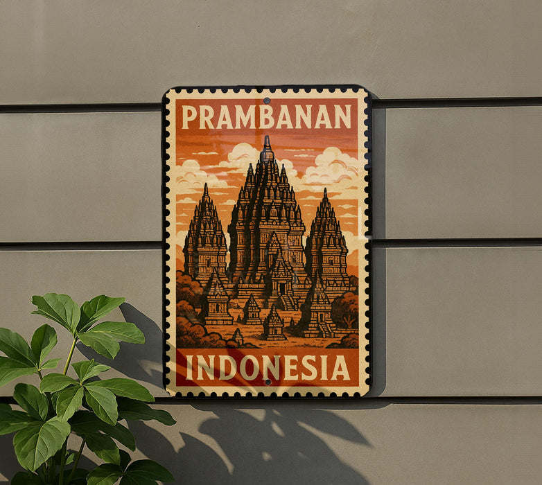 A vintage-style stamp depicting the Prambanan Temple in Indonesia, featuring an illustration of the temple's spires and architecture.