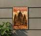 A vintage-style stamp depicting the Prambanan Temple in Indonesia, featuring an illustration of the temple's spires and architecture.