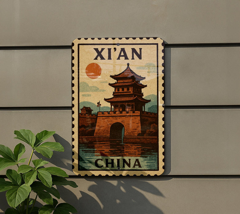 A decorative sign featuring a traditional Chinese temple, with the text "XI'AN CHINA" prominently displayed.