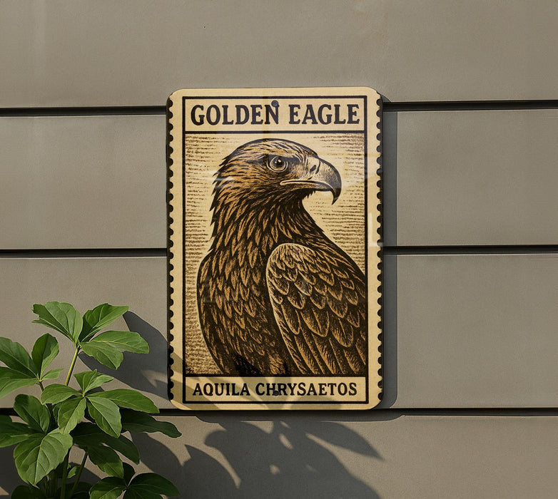 a large golden eagle with a textured background, mounted on a wall.