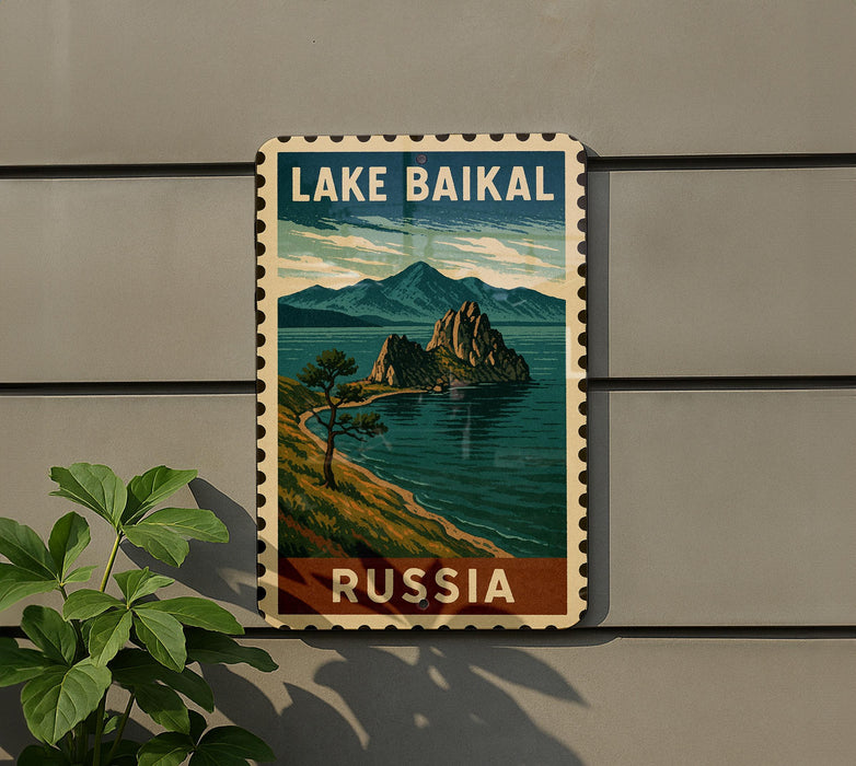 A vintage-style postage stamp depicting Lake Baikal, the world's largest cave system, with mountains and a lake in the background.