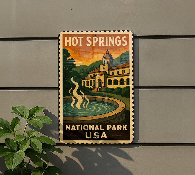 A vintage-style poster for Hot Springs National Park, featuring a building and a fountain, is displayed on a wall next to a plant.