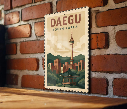 A vintage-style poster of the Daegu Tower, a famous landmark in South Korea, is displayed on a brick wall.