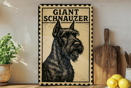 A framed poster of a giant schnauzer dog is displayed on a shelf, accompanied by a wooden cutting board and some lemons.
