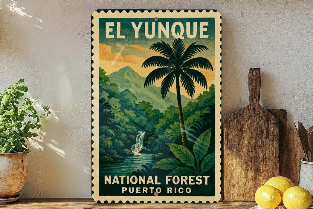 A vintage-style poster of the National Forest in Puerto Rico, featuring a palm tree and a waterfall, is displayed on a wall next to a wooden cutting board and some potted plants.