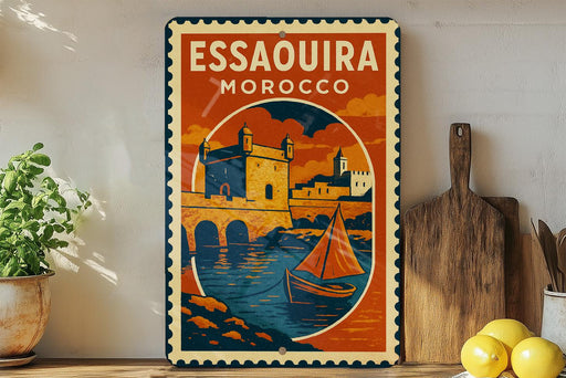 A vintage-style metal sign with a colorful illustration of a castle, boats, and a river, along with the text "ESSAOUIRA MOROCCO" on it, is displayed on a shelf next to a wooden cutting board and some potted plants.