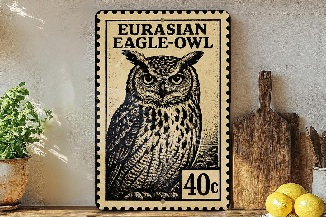 a metal sign with a black and white illustration of an owl, placed on a wooden surface next to a wooden cutting board and some lemons.