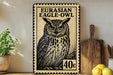 a metal sign with a black and white illustration of an owl, placed on a wooden surface next to a wooden cutting board and some lemons.