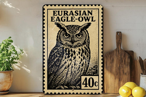 a metal sign with a black and white illustration of an owl, placed on a wooden surface next to a wooden cutting board and some lemons.