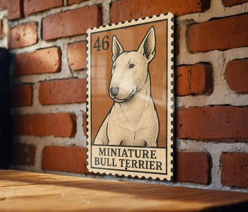 a miniature bull terrier dog on a wooden surface against a brick wall background.