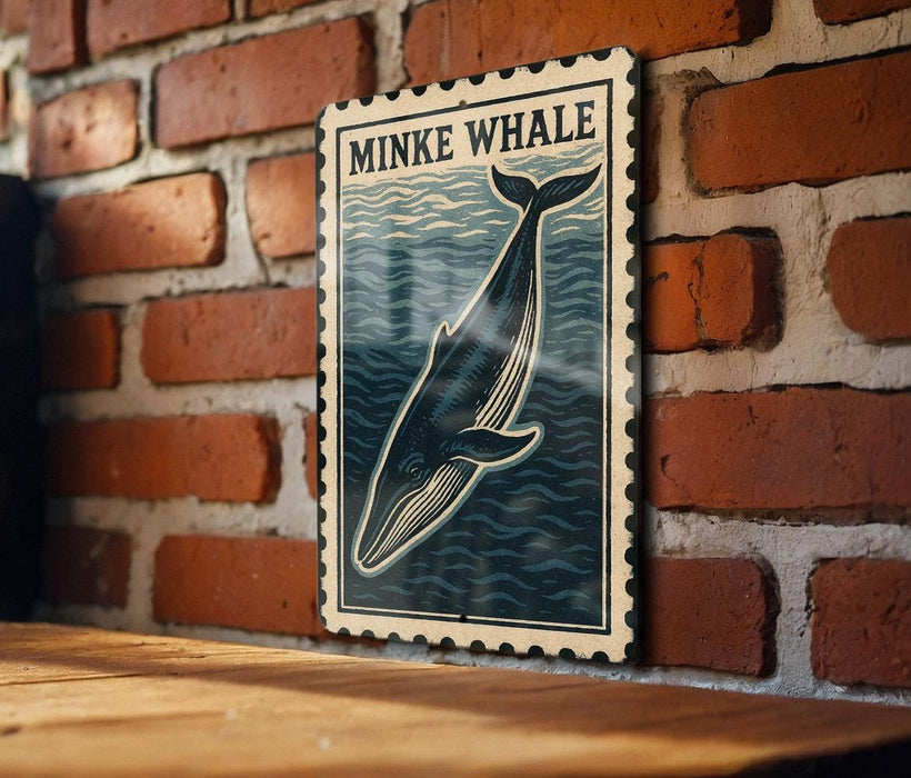 a framed illustration of a Minke whale on a brick wall.