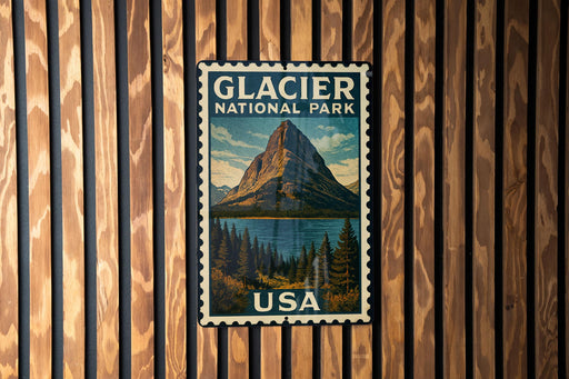 A vintage-style postage stamp featuring a mountain landscape with a lake, mounted on a wooden wall.