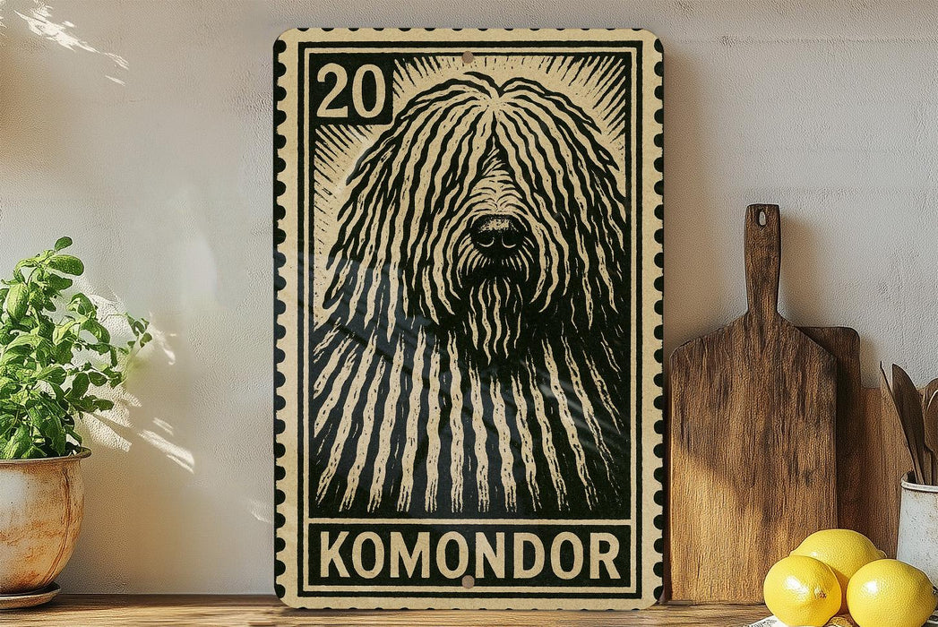 a large black and white stamp-like artwork depicting a shaggy dog's face, with the word "KOMONDO" written below it. The artwork is displayed on a shelf next to a wooden cutting board, a potted plant, and some lemons.