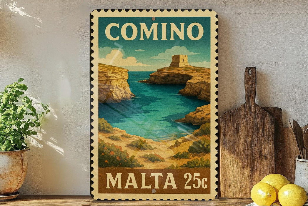 a vintage-style metal sign with a coastal scene, including cliffs, water, and a castle, mounted on a wall.