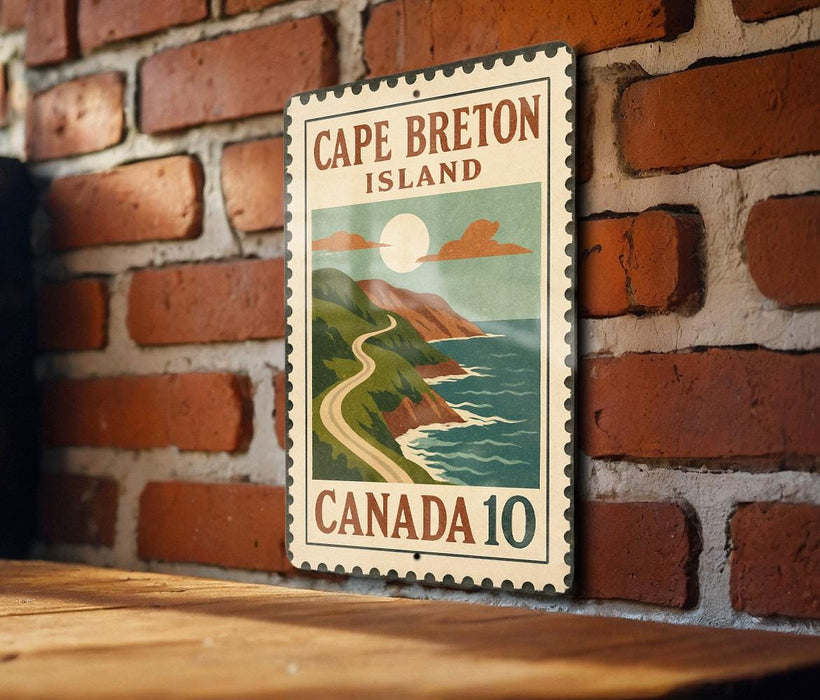 A vintage-style metal sign displaying the name "Cape Breton Island" and the number "CANADA 10" is mounted on a brick wall.