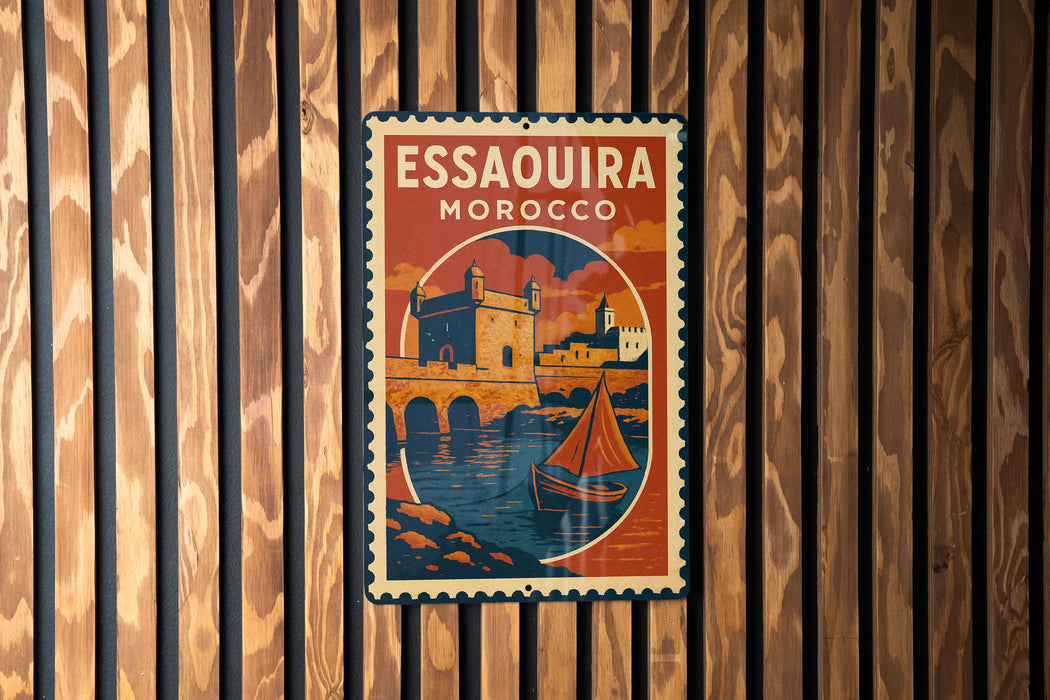 A vintage-style poster of Essaouira, Morocco, featuring a castle and a sailboat, is displayed on a wooden wall.