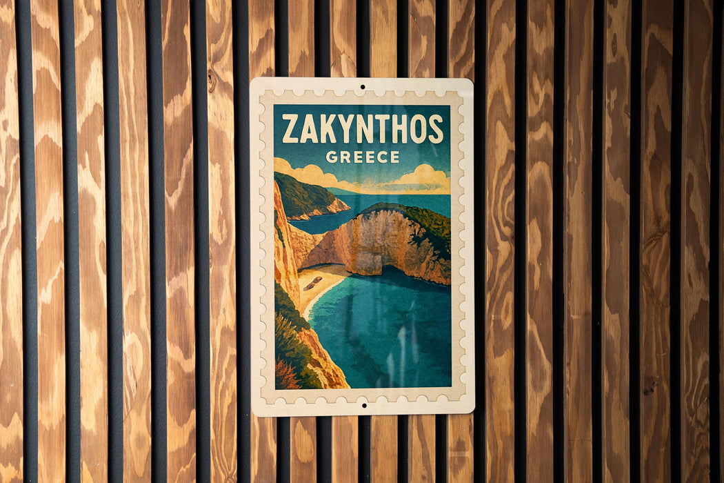 A vintage-style poster of Zakynthos, Greece, displayed on a wooden wall.