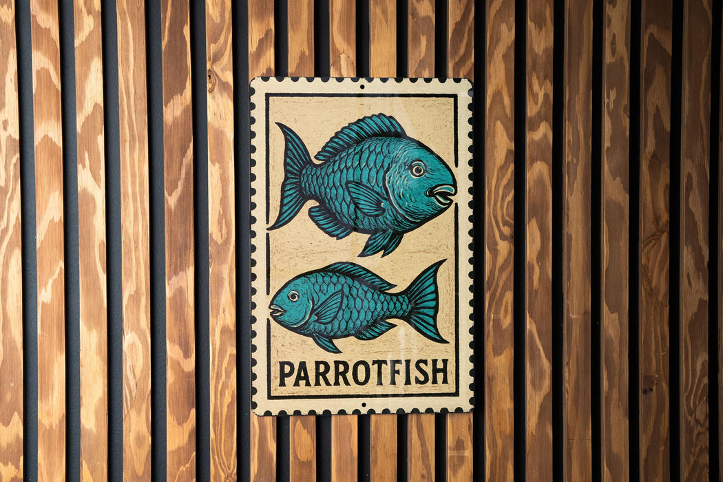a sign with a parrotfish illustration on it, mounted on a wooden wall.