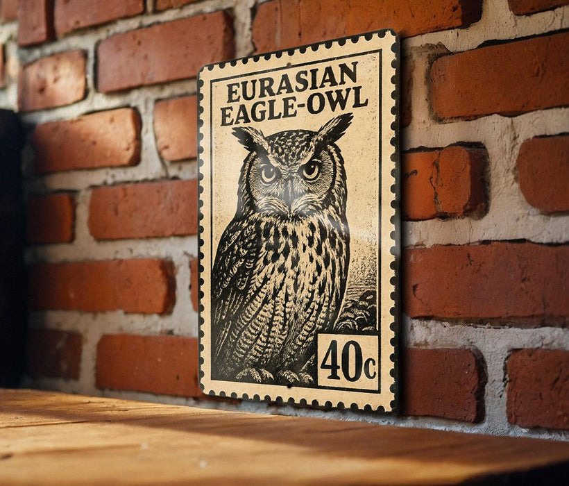 a large, detailed stamp-like artwork of an owl, mounted on a brick wall.