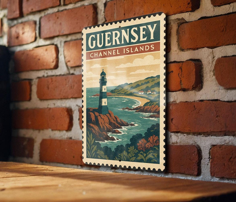 A vintage-style metal sign with a lighthouse and coastal landscape, mounted on a brick wall.