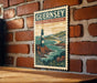 A vintage-style metal sign with a lighthouse and coastal landscape, mounted on a brick wall.