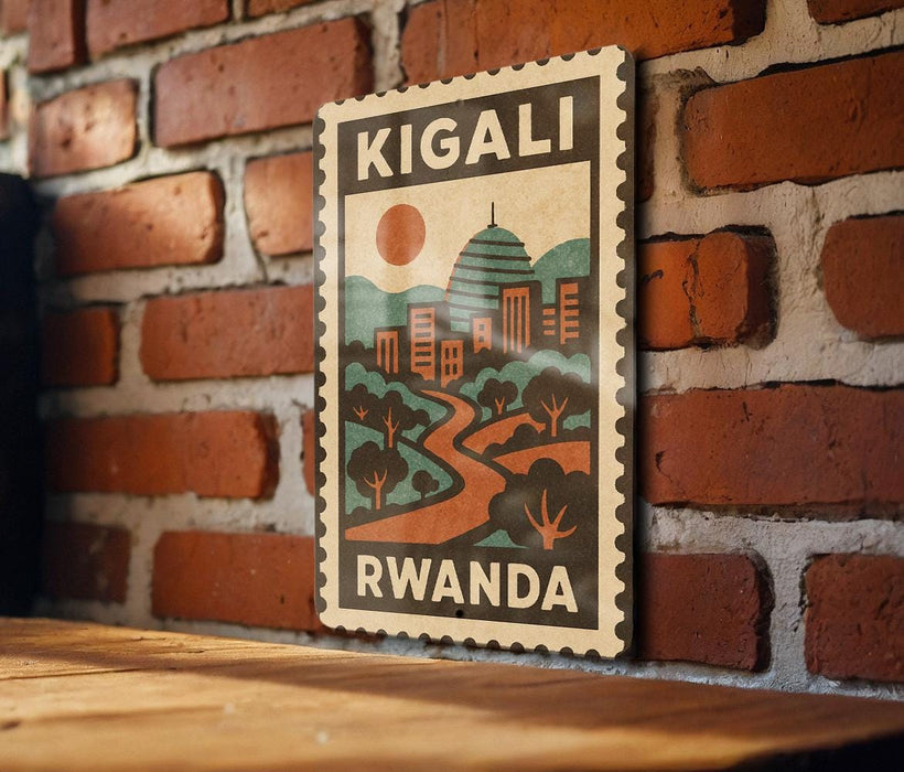 A vintage-style postage stamp featuring a cityscape and a sun in the sky, hanging on a brick wall.