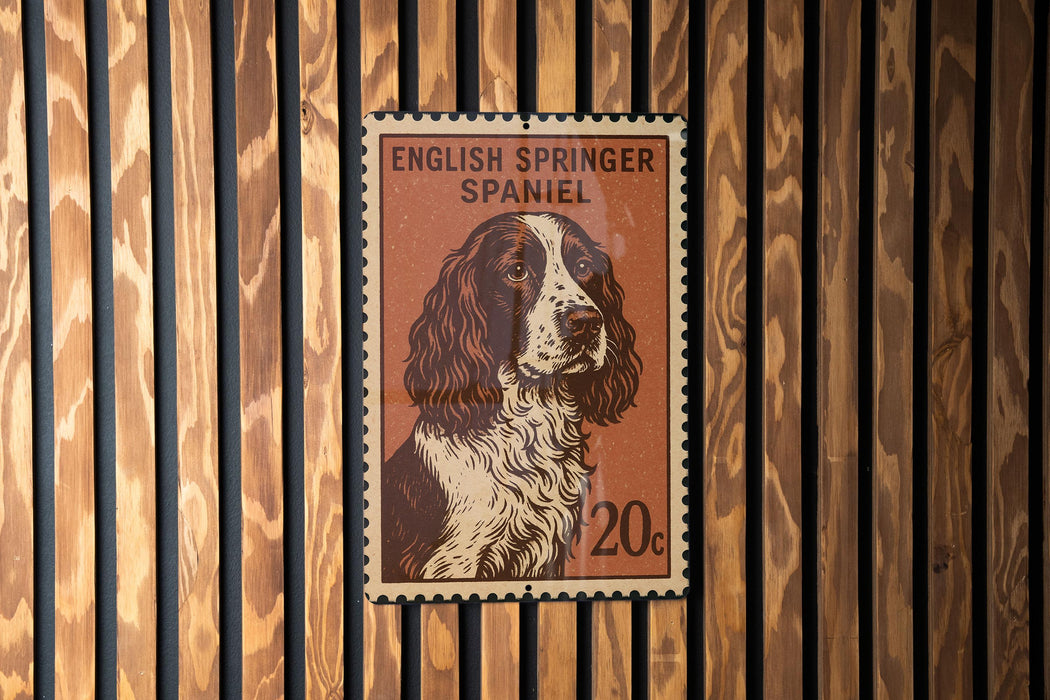A brown and white English Springer Spaniel dog is depicted on a brown and white postage stamp, which is affixed to a wooden wall.
