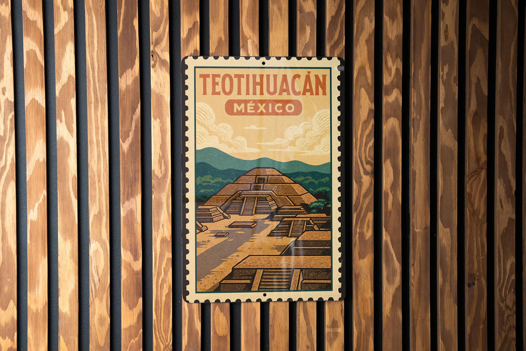 A vintage-style poster of Teotihuacan, the ancient city in Mexico, is displayed on a wooden wall.