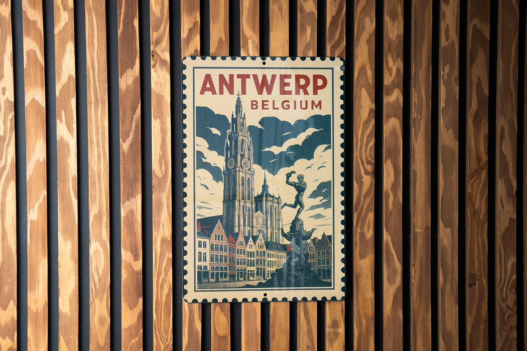 A vintage-style metal sign with the text "ANTWERP BELGIUM" displayed prominently, featuring an illustration of a clock tower and a statue.