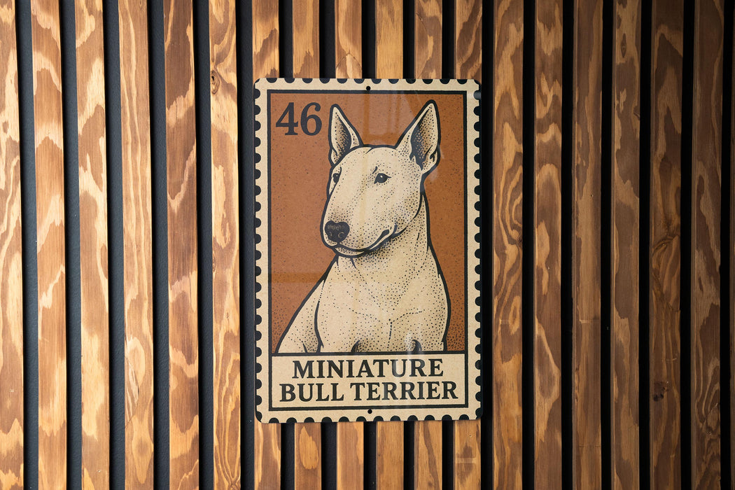 a miniature bull terrier dog, which is depicted in a stamp-like format.