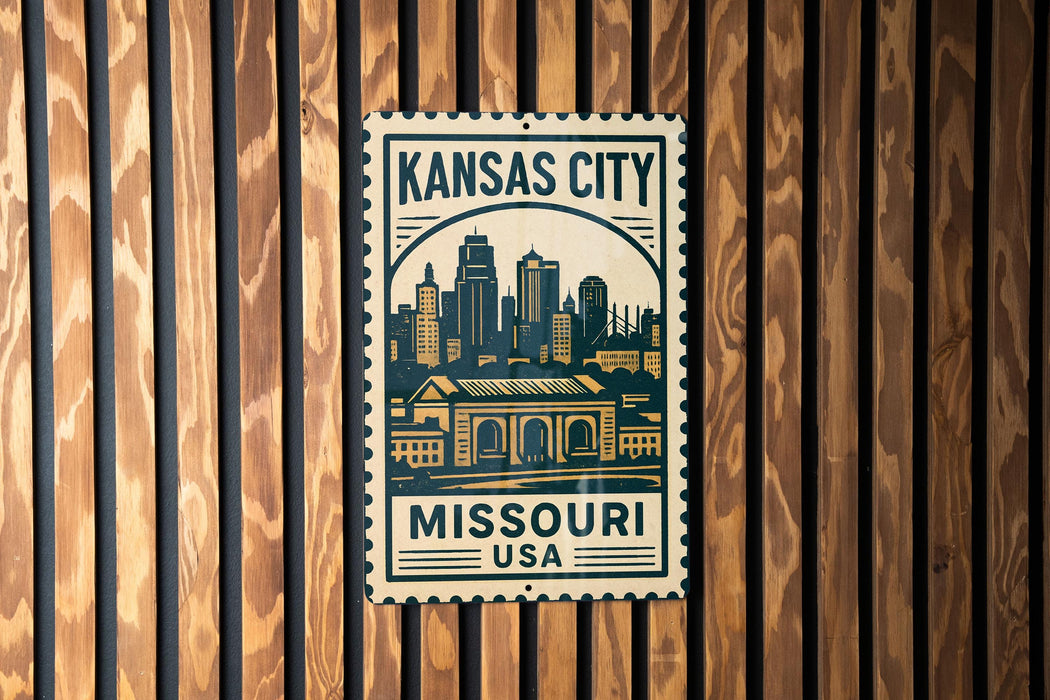 A metal sign with the text "KANSAS CITY MISSOURI USA" and an illustration of a city skyline.