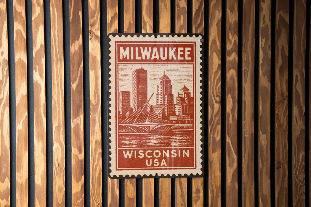 A Milwaukee, Wisconsin postage stamp is displayed on a wooden wall.