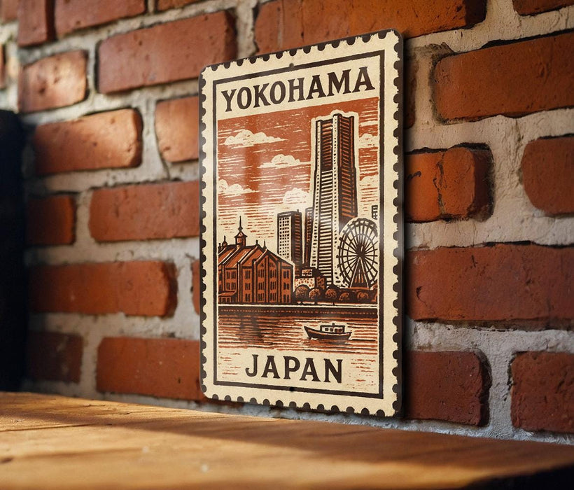 A wooden frame with a vintage-style illustration of a cityscape and a ferris wheel, mounted on a brick wall.