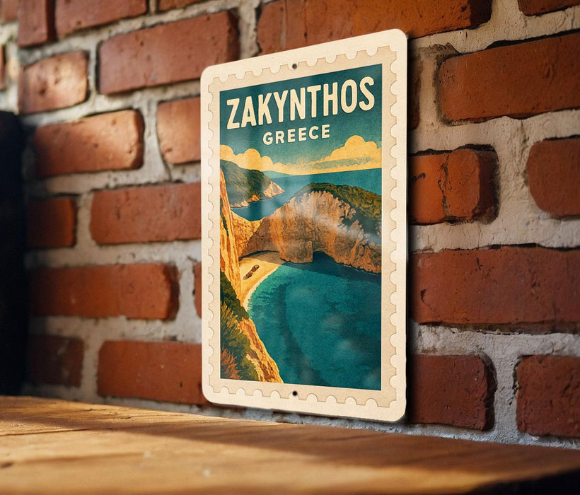A vintage-style poster of Zakynthos, Greece, displayed on a brick wall.