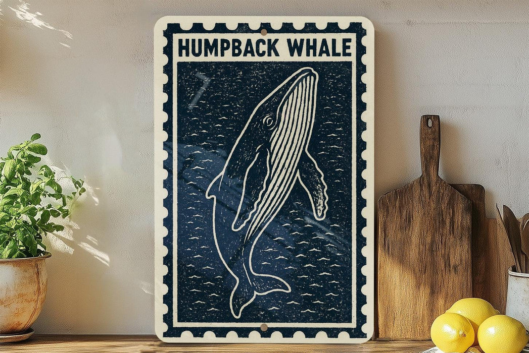 a framed artwork of a humpback whale on a wall, with a wooden cutting board and a potted plant to the side.