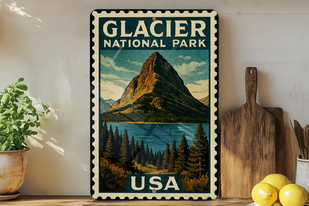 A framed poster of a mountain landscape with a lake, surrounded by pine trees, is displayed on a wall next to a wooden cutting board and some lemons.